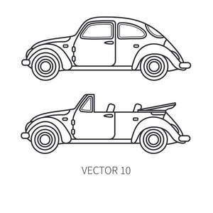 线矢量图标集复古旅游汽车。经典的二十世纪五十年代风格。怀旧微型古董汽车。夏季旅游假期。老式卡通车。公路。车库。租车。设计插图