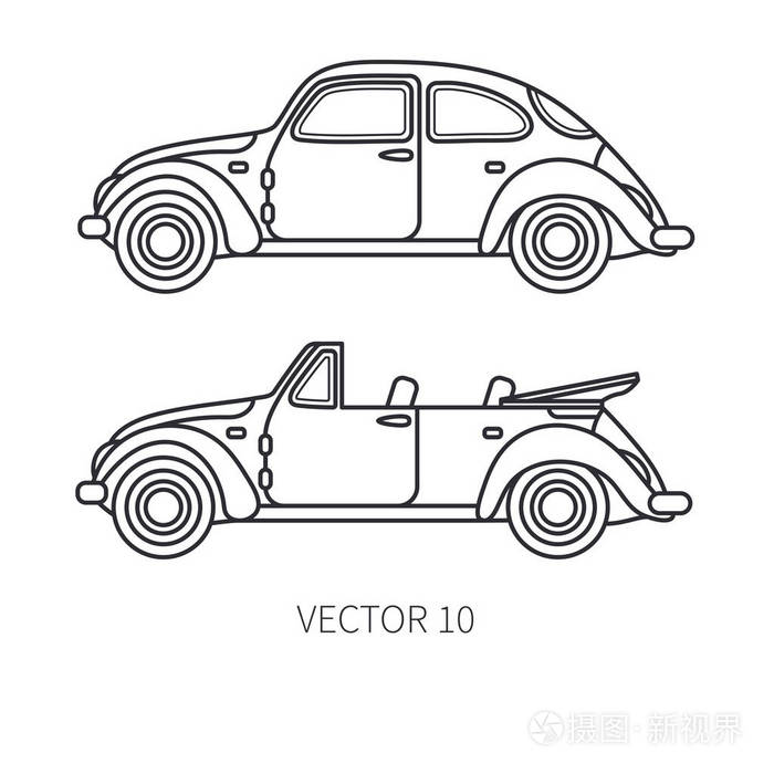 怀旧微型古董汽车.夏季旅游假期.老式卡通车.公路.车库.租车.设计插图