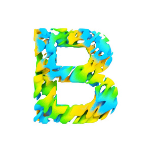 字母 B 大写。液体字体由蓝色, 绿色和黄色飞溅油漆制成。3d 渲染在白色背景下被隔离