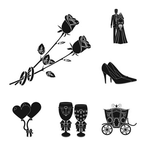 婚礼和属性黑色图标集合中的设计。新婚夫妇和附件矢量符号股票网站插图