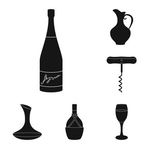 葡萄酒产品黑色图标集合中的设计。葡萄酒矢量标记的设备和生产网站插图
