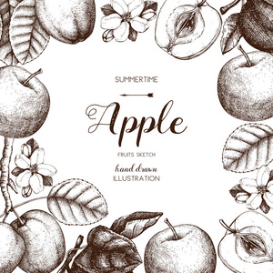 老式卡设计与苹果水果素描