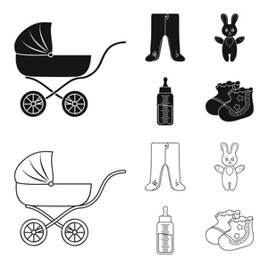 婴儿推车, 带奶嘴的瓶子, 玩具, 滑块。婴儿出生集合图标黑色, 轮廓样式矢量符号股票插画网站