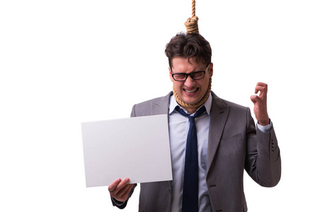 盆栽上吊牌破产商人上吊上白色孤立照片