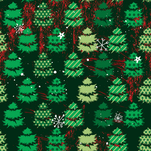 无缝深绿色图案与传统圣诞树。 泡沫