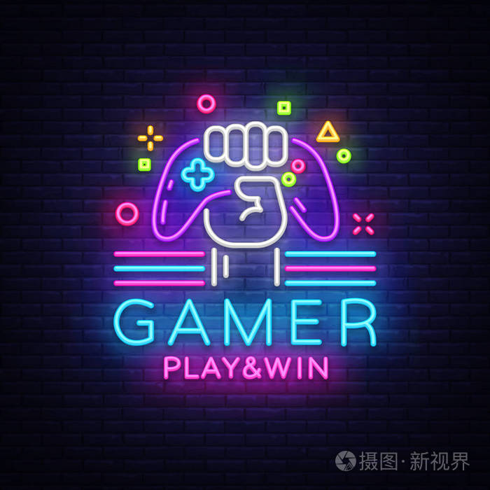 游戏夜 logo 以霓虹灯风格, 手柄, 现代潮流设计, 轻横幅, 明亮的夜