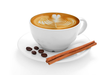 杯咖啡拿铁咖啡和咖啡豆在白色背景上孤立