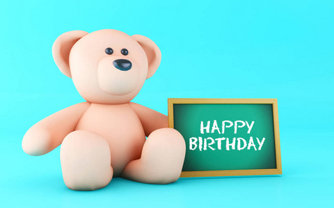 3d 插图。写在黑板上的快乐的生日消息粉红色泰迪熊