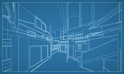 抽象的3d 渲染的建筑线框结构。模板设计中的矢量构造图形思想