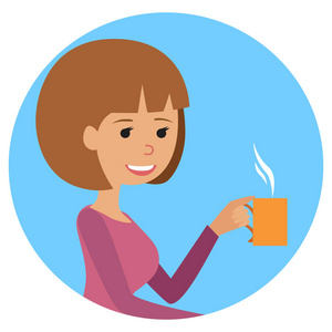 女人在她的手喝热咖啡的杯。矢量图图标
