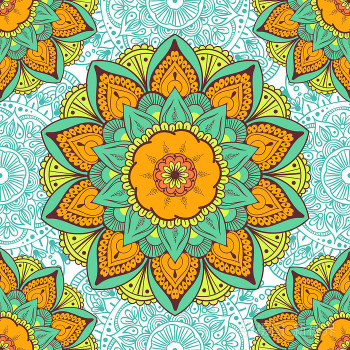 无缝民族图案与花香的动机.曼荼罗程式化织物和纸张的打印模板.波西米