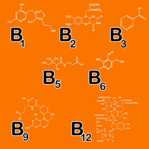 维生素 B 组。健康的生活理念。维生素 B1 B2 B3 B5 B6 B9 B12。矢量图。结构化学公式，收集药为荒