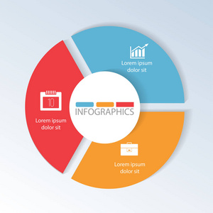 圆形图表的 3 个步骤，细分为年度报告 图表 演示文稿 工作流布局 横幅 数字选项，加紧选项，web 设计与符号和文本