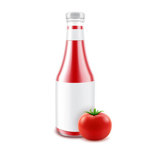 矢量空白玻璃光泽红番茄番茄酱瓶标签和新鲜番茄在白色背景下分离