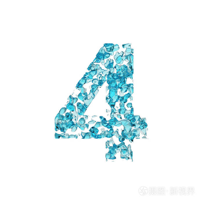 字母数字4.由蓝色水滴制成的液体字体.3d 渲染在白色背景下被隔离