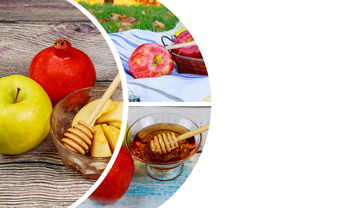 蜂蜜和苹果在木桌为 Rosh 新年犹太新年庆祝的传统食物 Copyspace 背景羊角号和 tallit