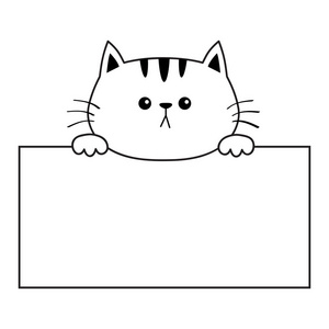 猫哀伤的头脸剪影挂在纸板模板上。手爪。轮廓线可爱的卡通小猫字符可爱动物滑稽的小猫爱卡。平面设计。白色背景向量