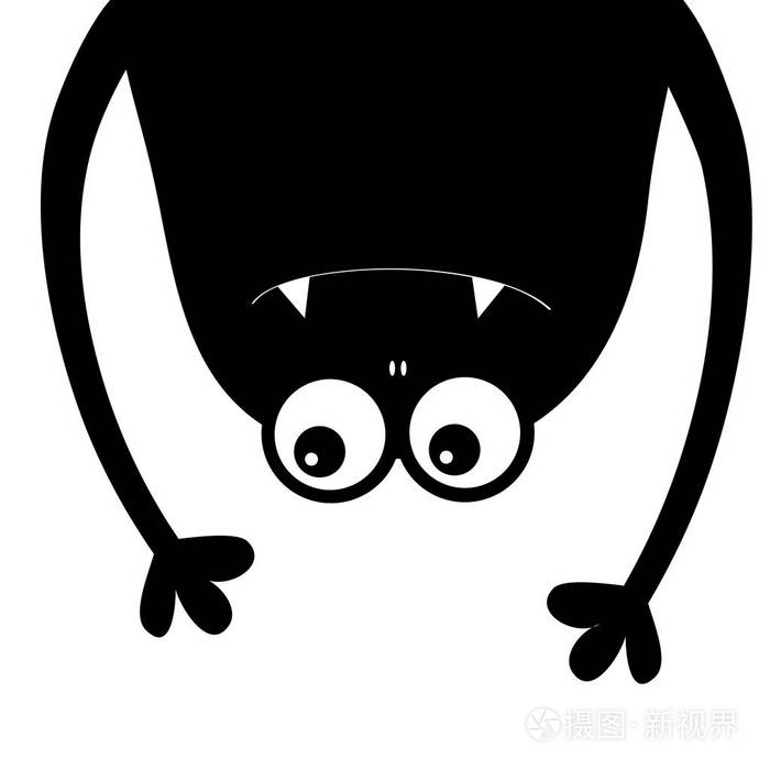 怪物头剪影.两只眼睛, 牙芳, 手.倒挂在一起.黑色滑稽可爱的卡通人物.