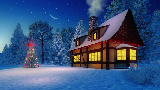 照明的农房和圣诞树在月明之夜图片