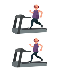 一个胖男人跑在跑步机上, 体重减轻了。平面设计的矢量图解