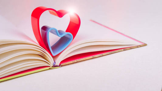 红色和蓝色的心，在日记本上白表光弹在心