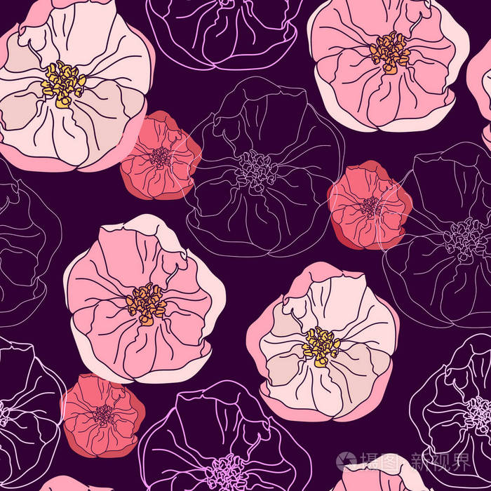 矢量背景与鲜花.手绘作品为纺织品, 面料, 纪念品, 包装和贺卡