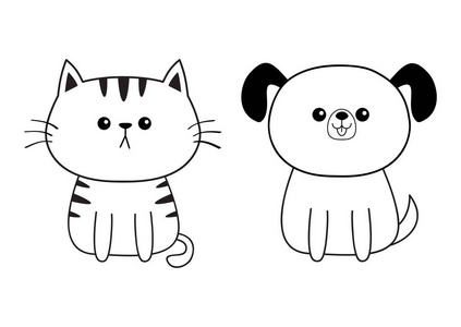 轮廓线.可爱的卡通坐狗小猫的性格.可爱动物.有趣的小狗小猫.