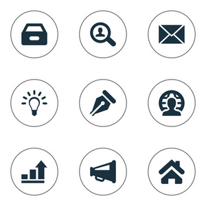 矢量图组的简单业务图标。元素人 家 扩音器和其他同义词框，灯和增加