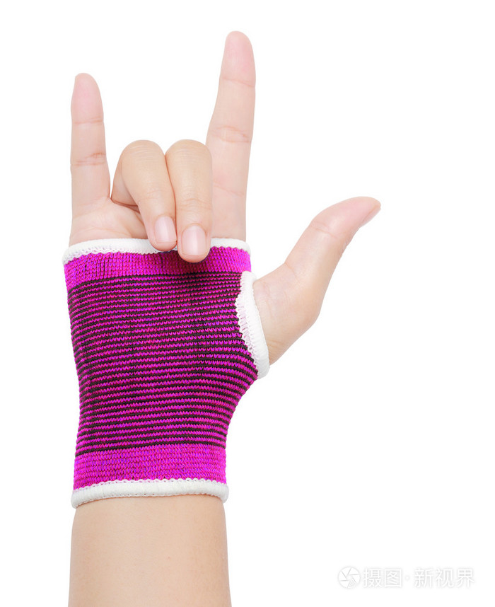 女手与粉红色手腕支持手势标志我爱你是