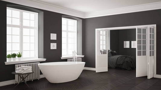 极简主义斯堪的纳维亚白色和灰色浴室和卧室中