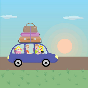 家庭旅行由汽车到自然。父亲, 母亲, 儿子和小女儿去旅行。插图的卡通风格。平面设计
