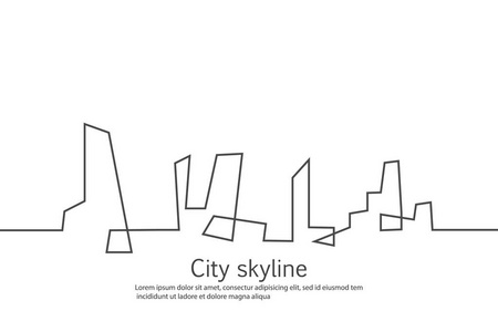 城市的剪影在一个扁平的样式。现代城市景观。矢量插图。城市摩天大楼建筑办公地平线。连续线图