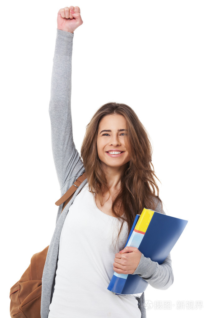 兴奋的女学生,举手示意,她的手上白色孤立