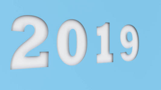 白色2019数字在蓝色纸上剪断。2019新年标志。3d 渲染插图