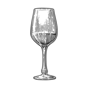 玻璃酒。雕刻老式的矢量黑色插图。在白色背景下被隔离。标签和海报手工绘制设计元素
