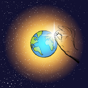 上帝的手把他的儿子送到地球上是为了爱人民。晨星代表婴儿耶稣。圣诞故事插图。行星和婴孩耶稣在深蓝色背景被星环绕。向量