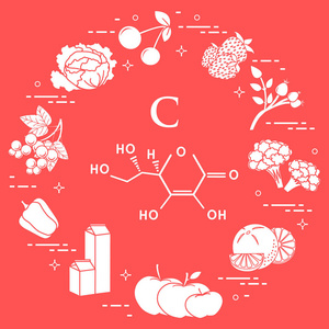 富含维生素 c 的食物樱桃, 草莓, 狗玫瑰, 花椰菜, 橙, 苹果, 牛奶, 乳制品, 甜椒, 黑醋栗, 卷心菜