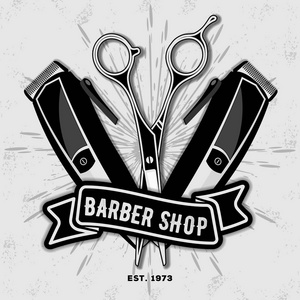 理发店胡子理发店老式标签, 徽章, 或徽章与剪刀和头发剪在灰色的背景