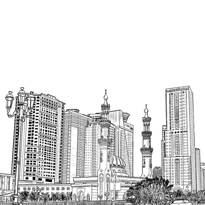 在阿联酋的迪拜滨海区, 用摩天大楼绘制清真寺的手绘草图.例证, 载体