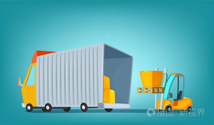 装载卡车和叉车工作卡通矢量图