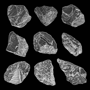 岩石石头手绘制的样式。大巨石群中不同。插图的开裂和损坏石头瓦砾建筑设计的集合。金块或烤架。矢量