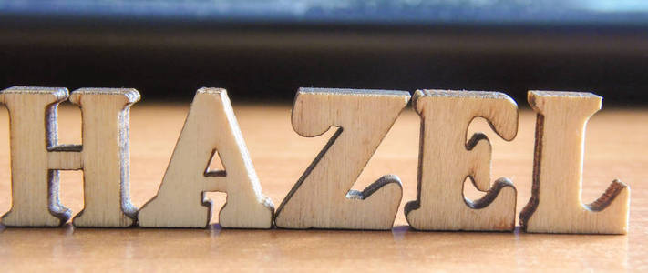 用木制字母做的 榛树 这个词。餐桌上的木铭文