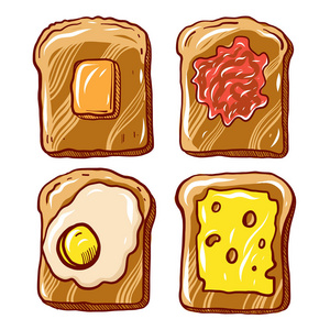 黄油,果酱,芝士和煎蛋的烤面包片.平面卡通手绘矢量插画照片