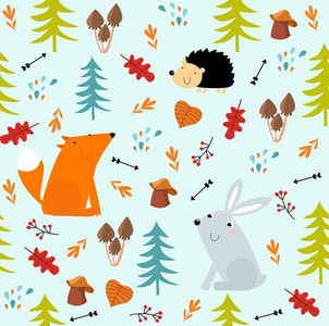 无缝矢量背景。秋天在森林里。卡通狐, 卡通野兔, 卡通刺猬
