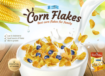 美味的玉米片广告与牛奶倒入碗3d 插图, 闪光散景背景