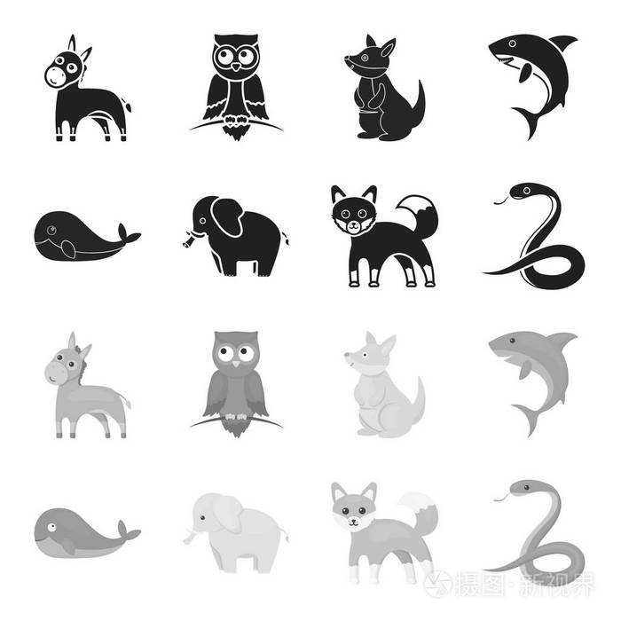 动物集合图标黑色, 单色风格矢量符号股票插画网站