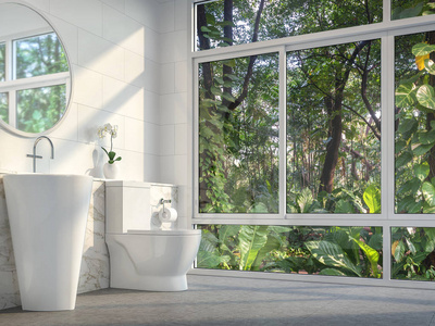 现代厕所与自然看法3d 渲染。有混凝土地砖地板。房间里有大窗户向热带花园望去。