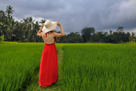 女孩步行在典型的亚洲山坡与水稻耕种, 山形状绿色梯级稻田梯田稻田.