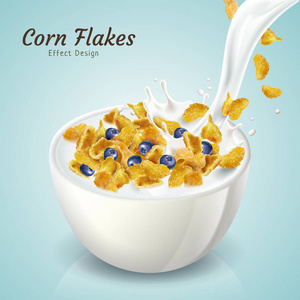 玉米片, 蓝莓和牛奶倒入碗, 3d 插图