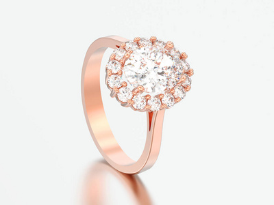 3d 插图玫瑰金色椭圆形光环钻石订婚结婚戒指灰色背景
